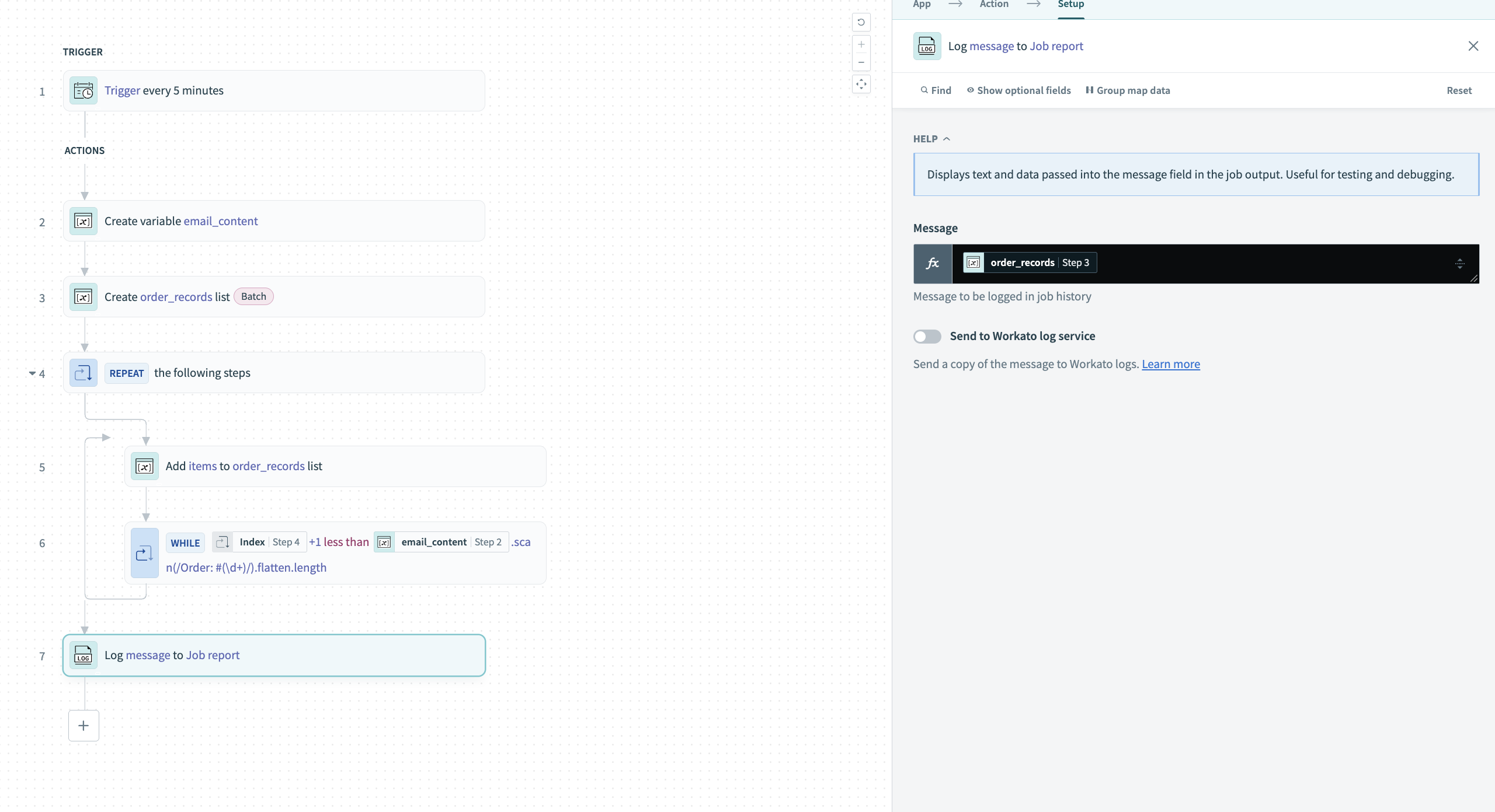 Log message to Job report