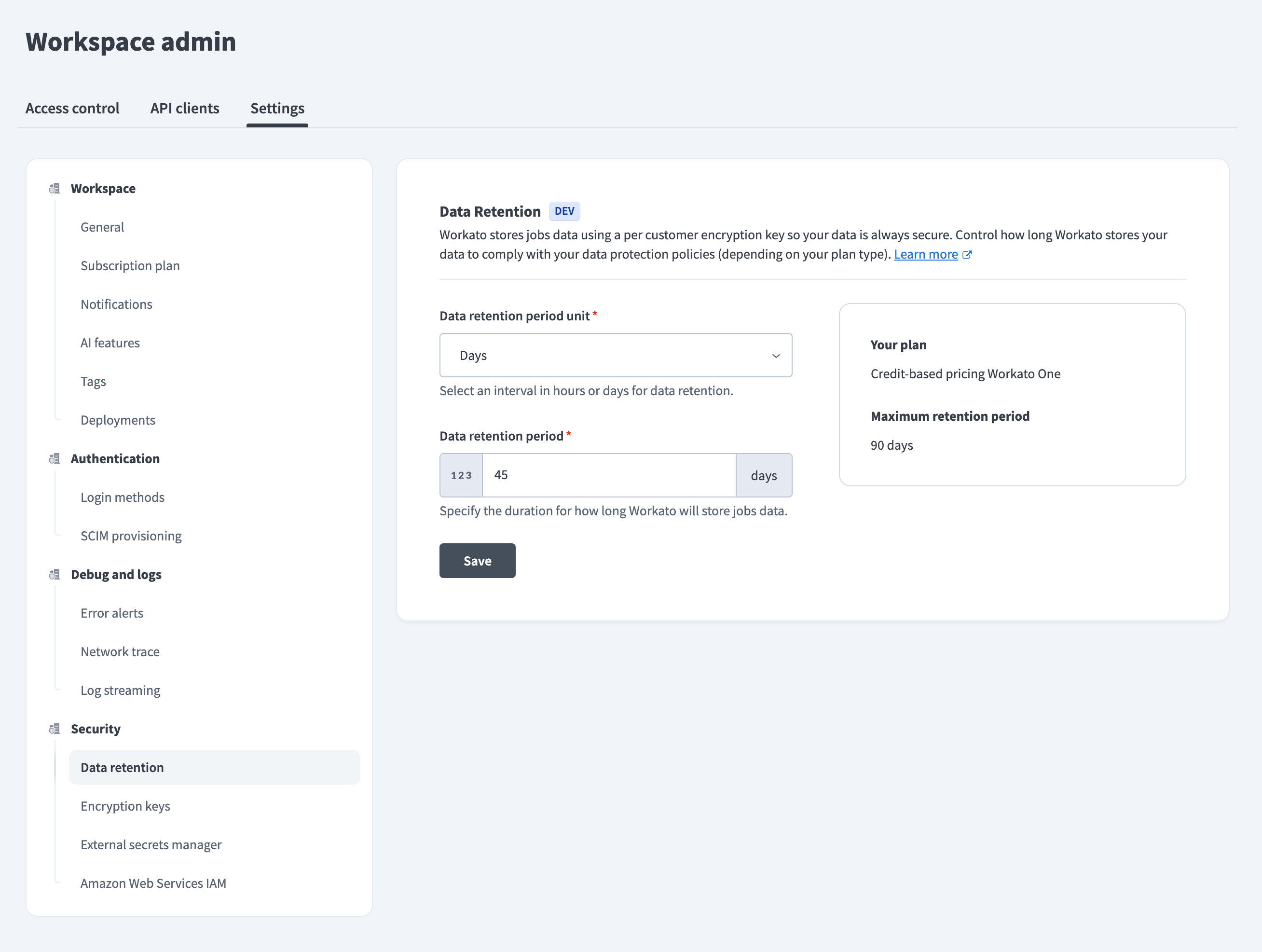 Workspace-level data retention policy