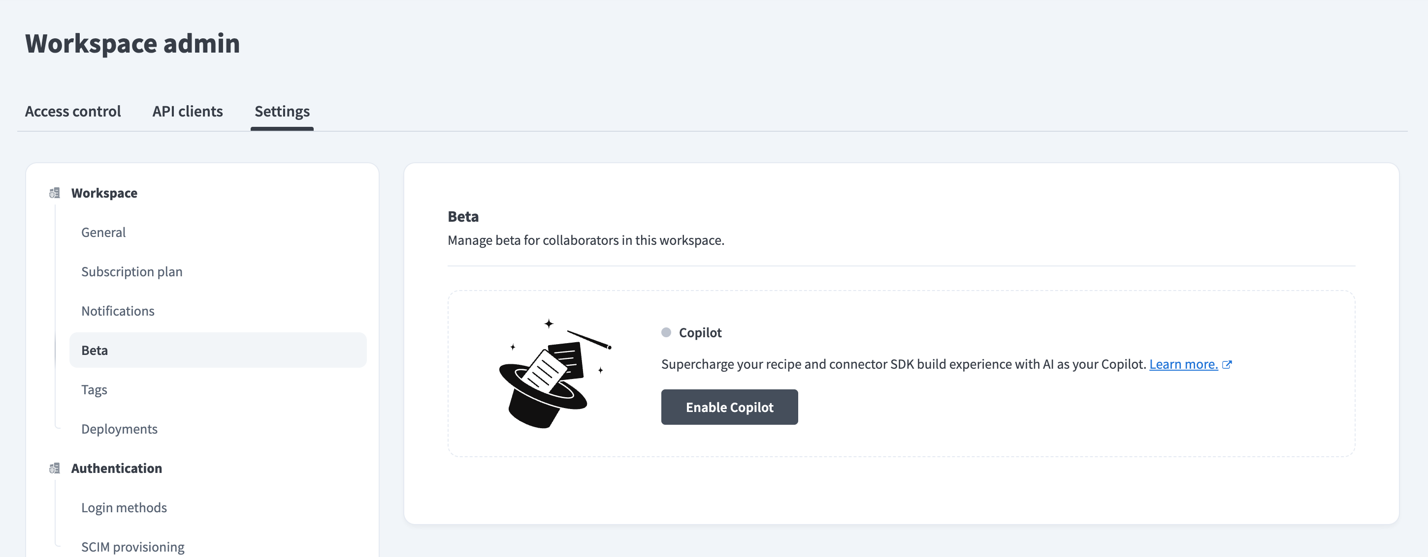 Enable Copilot in Workspace admin settings
