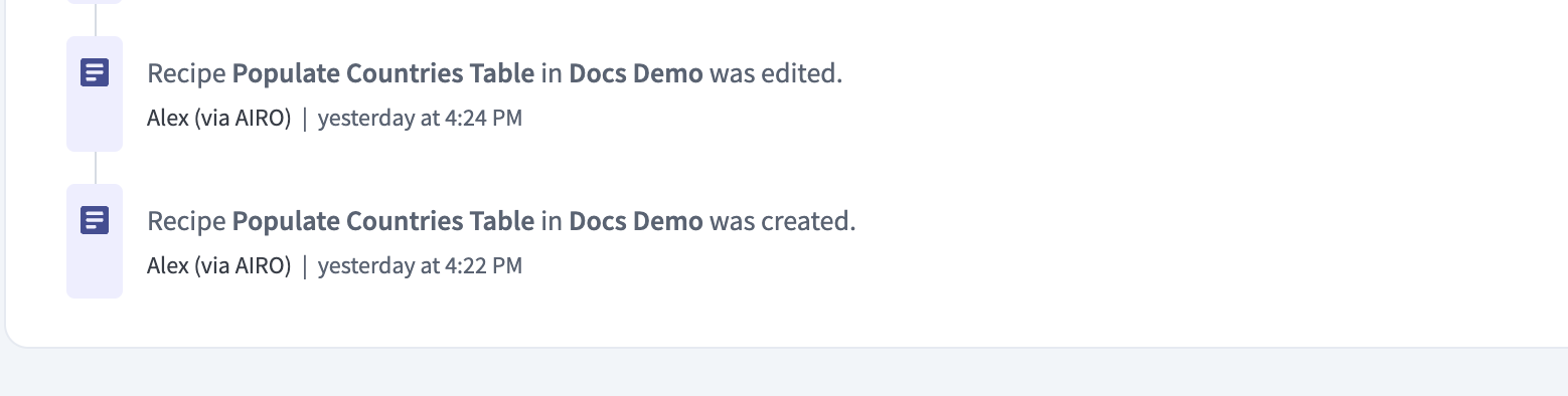 Activity audit log entries for a recipe edit and create, both attributed to a user via AIRO.