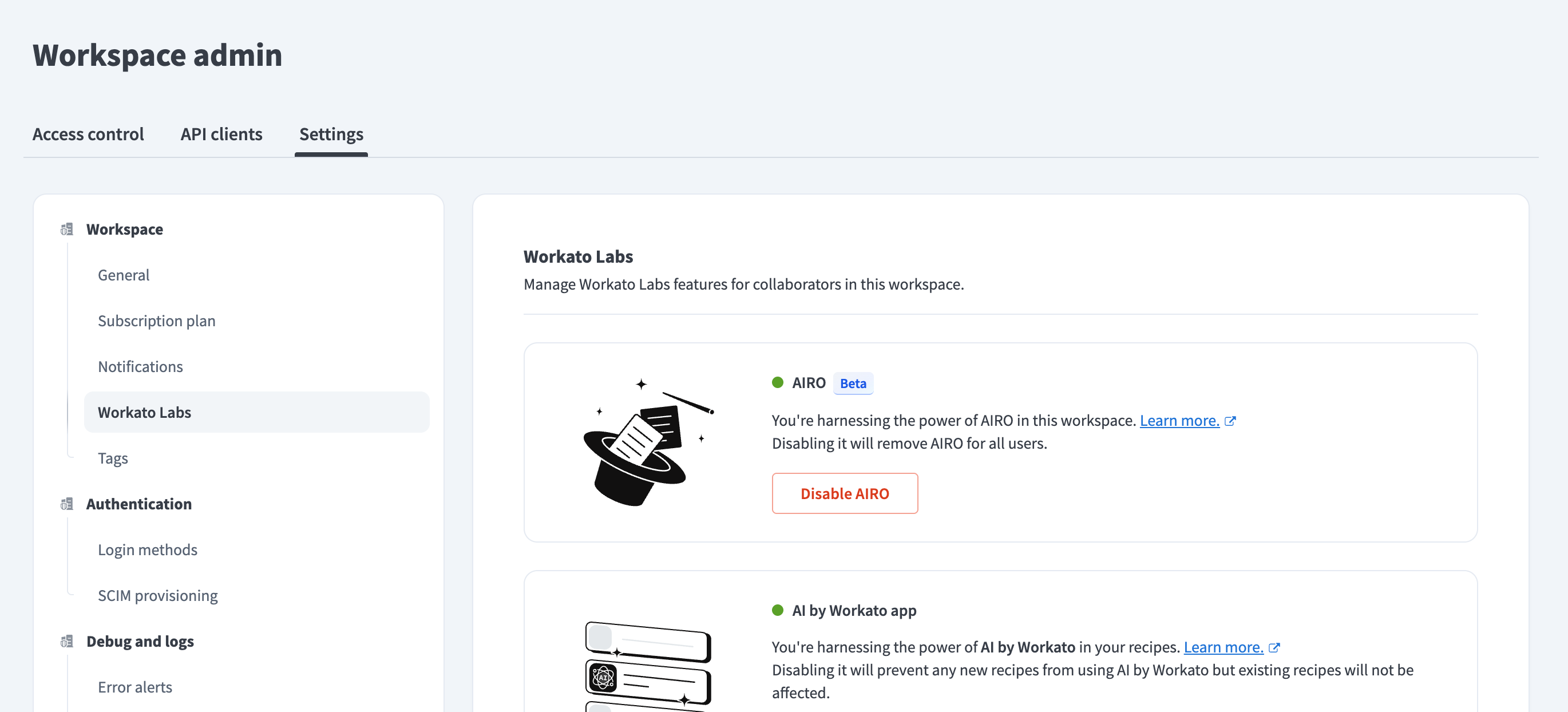 AIRO enabled in workspace settings