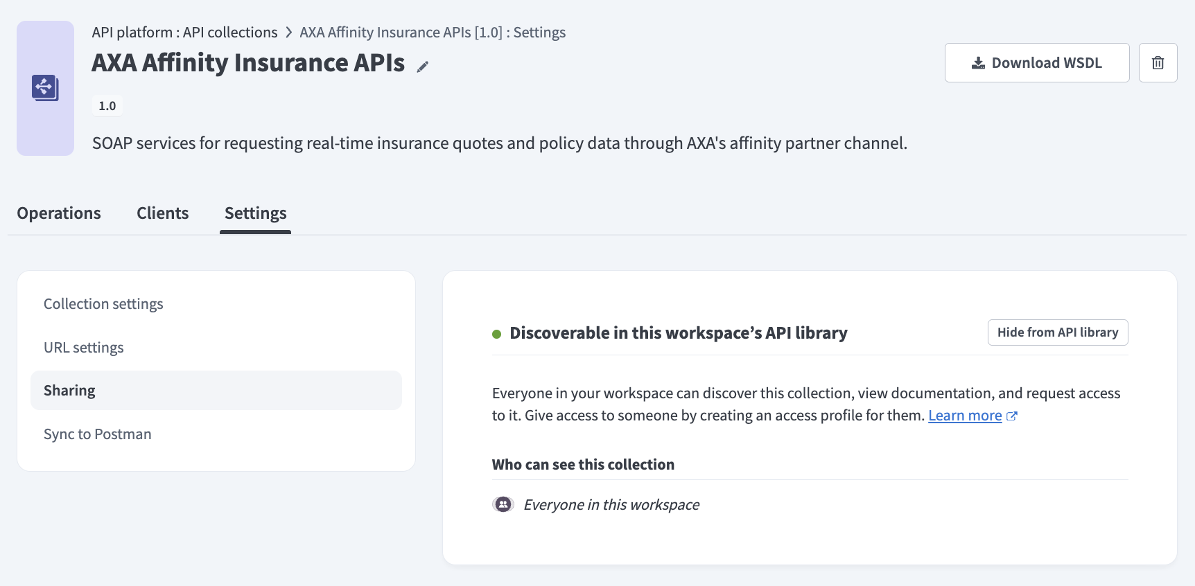 API collection is discoverable in the API library