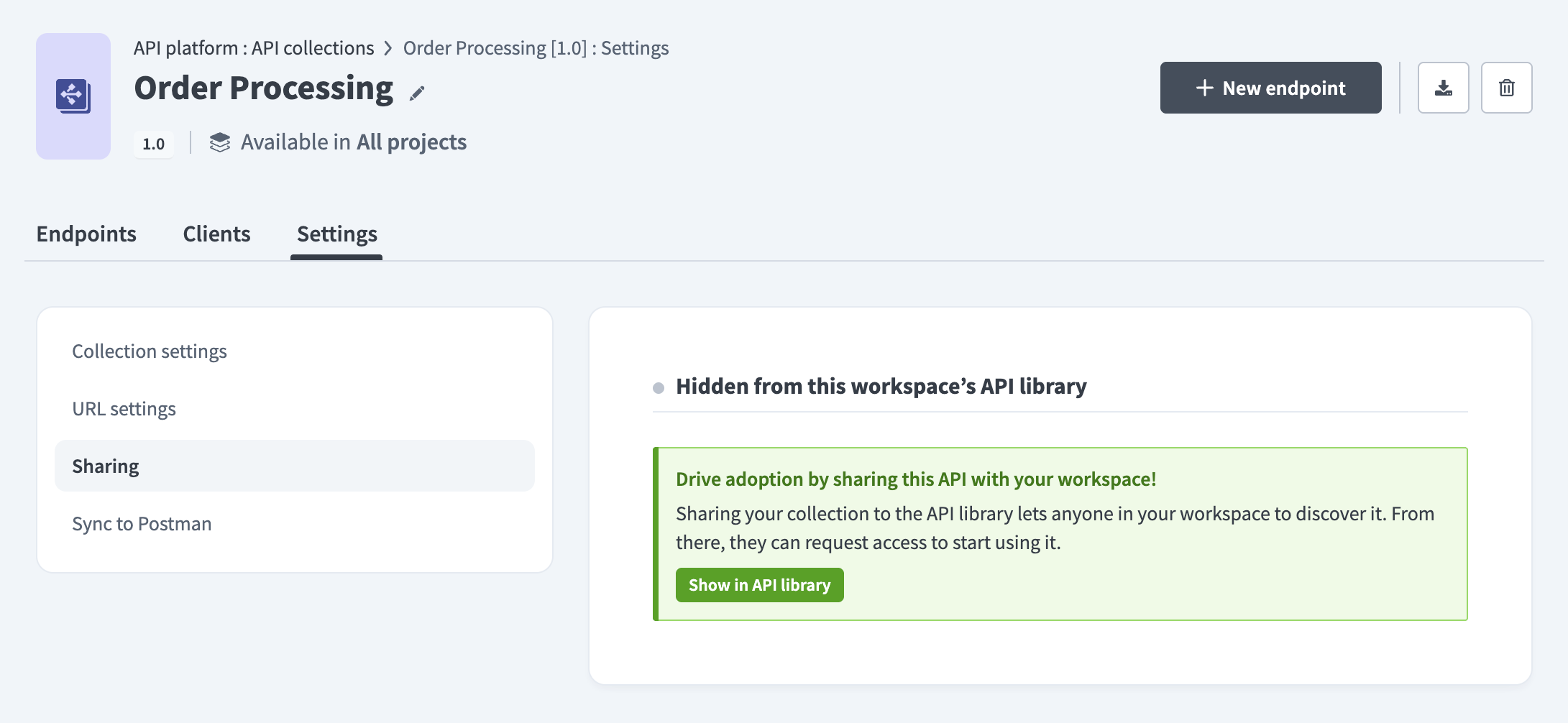 API collection > Settings > Sharing > Show in API library