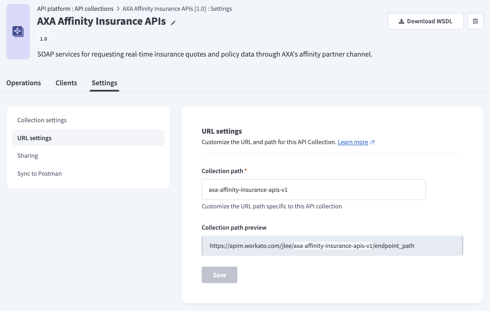 API recipe collection URL settings