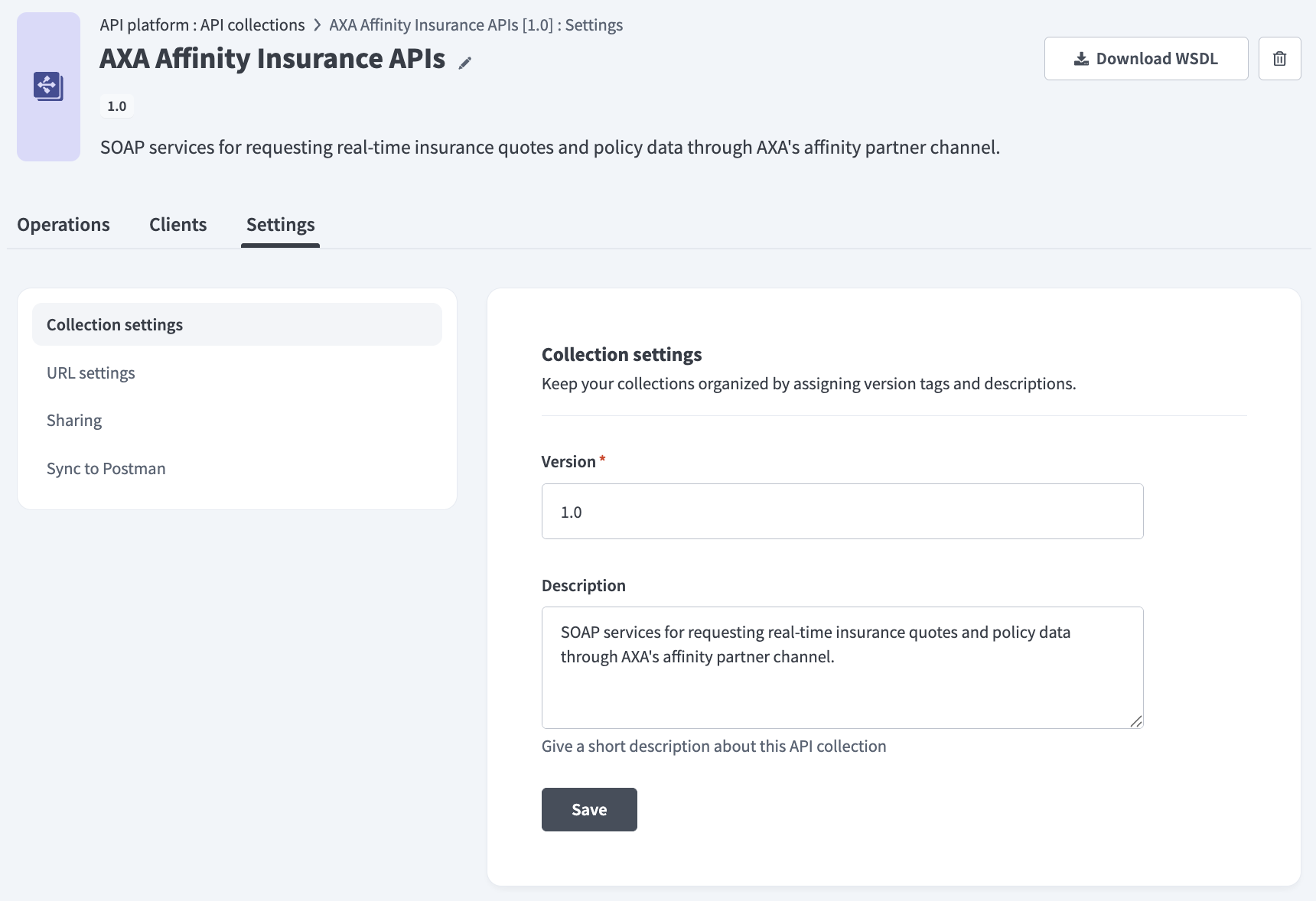 API collection settings tab