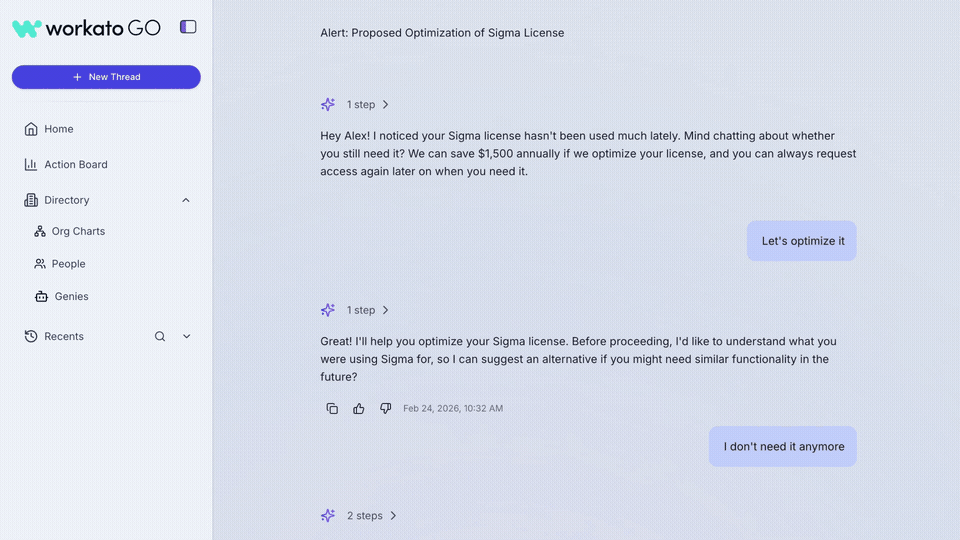 Animated walkthrough showing an approver confirming a license optimization request in License Genie