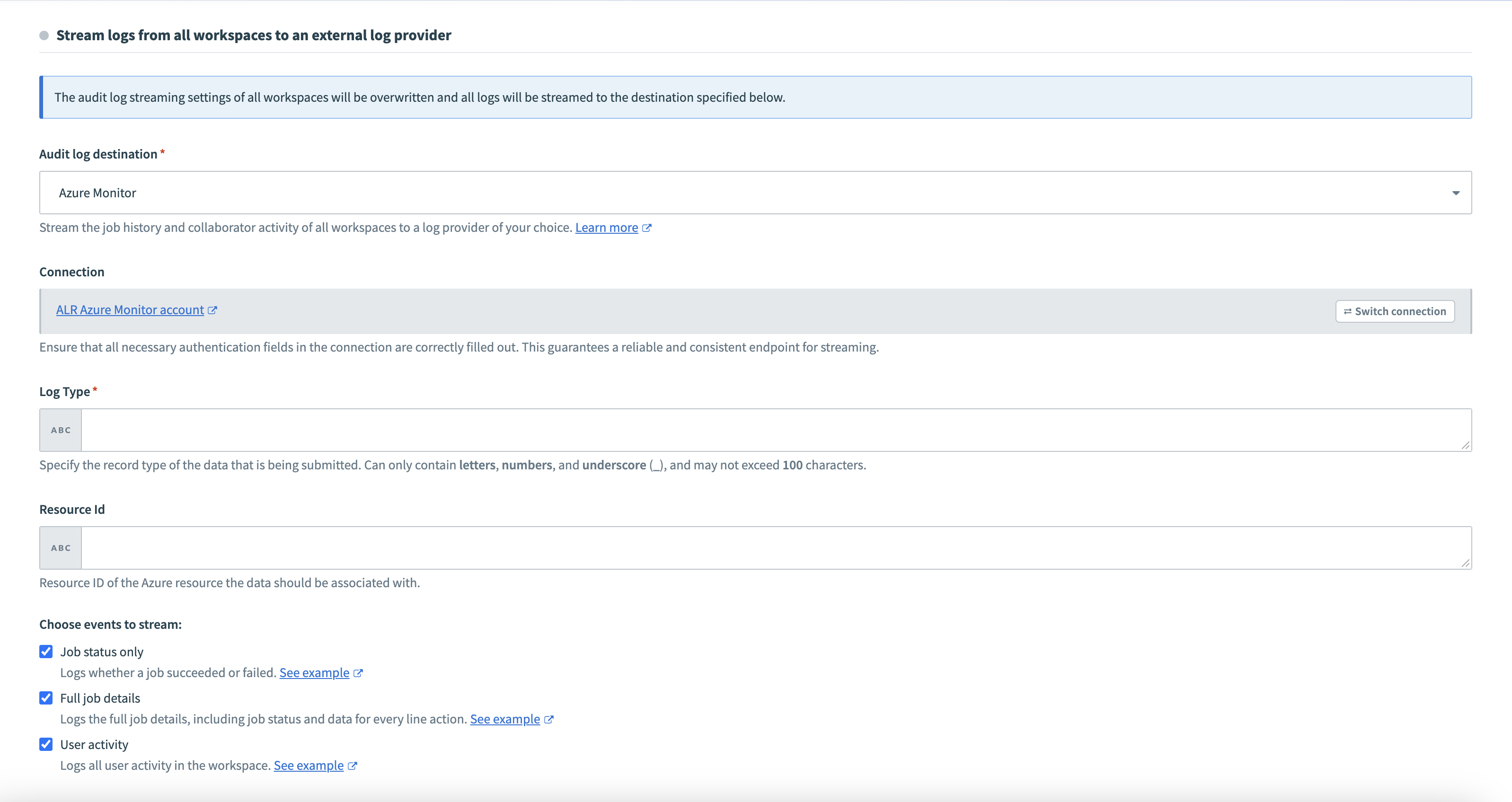 Configure Azure Monitor as your audit log destination