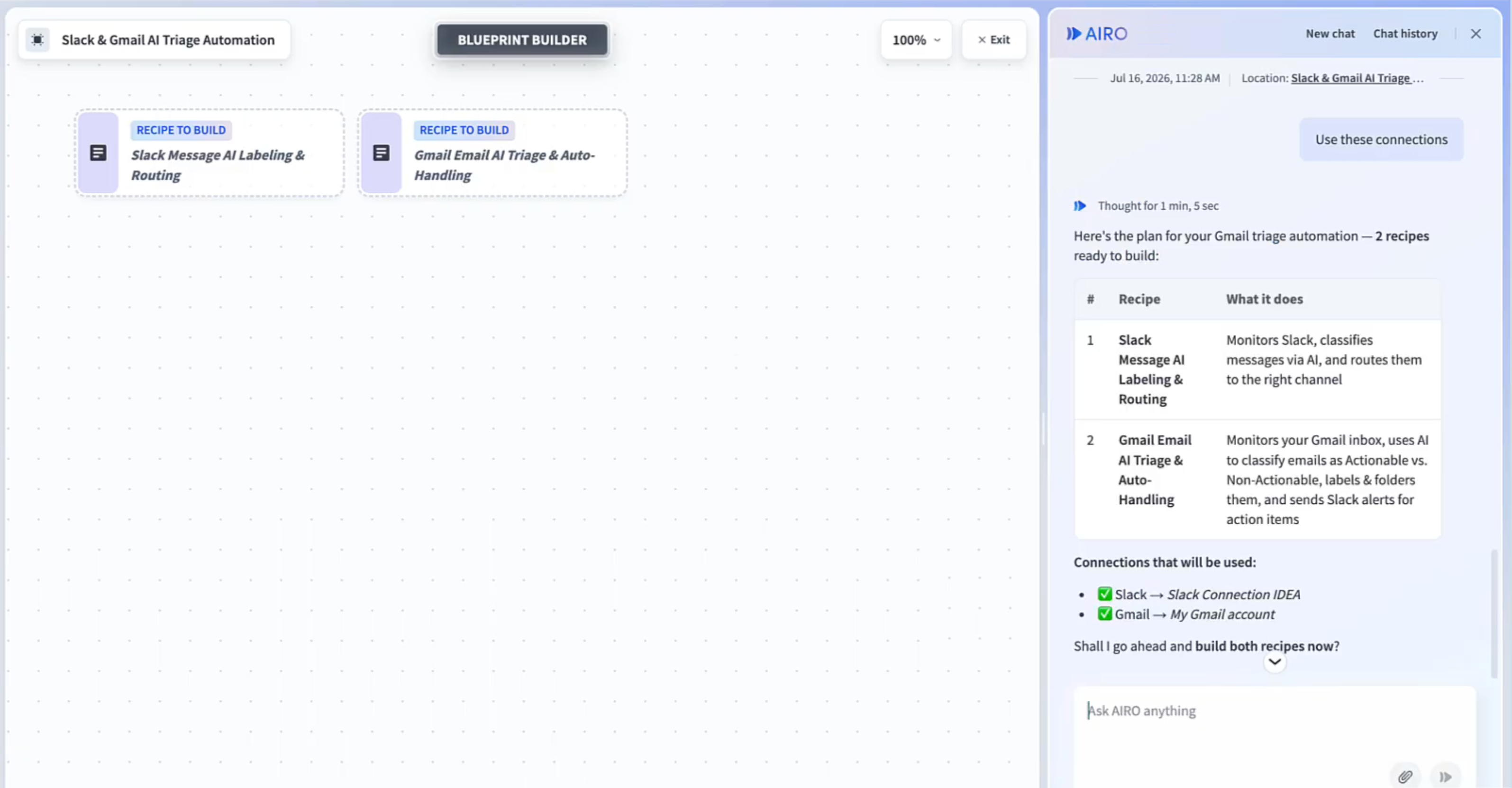 The blueprint builder showing two recipes to build, their descriptions, and the connections AIRO will use.
