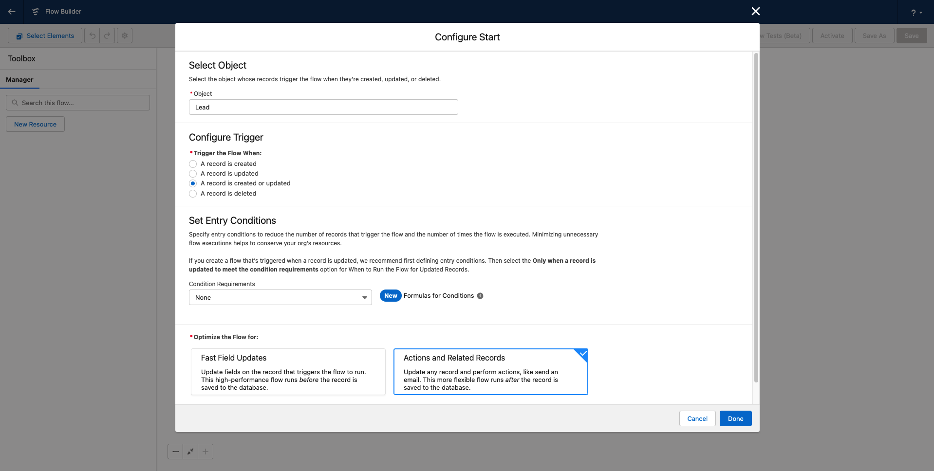 Set up the Salesforce flow to be triggered when record is created or updated