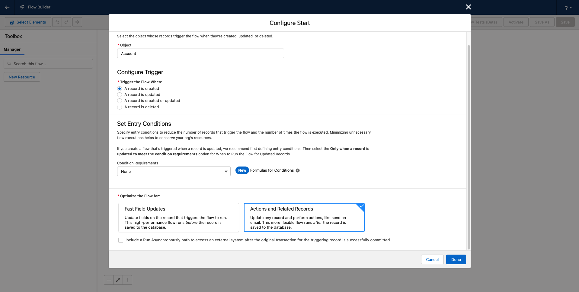 レコードが作成されたときにトリガーされるようにSalesforceフローを設定します
