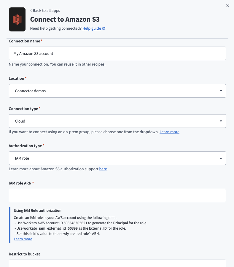 Amazon S3 connection setup