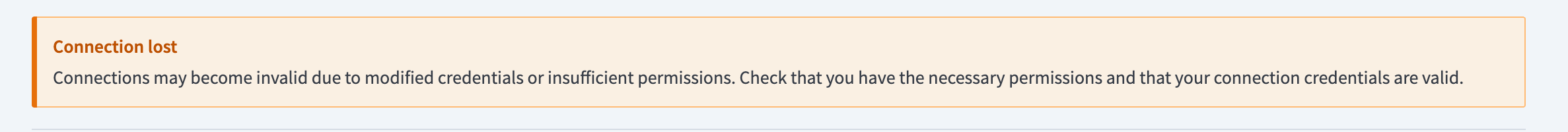 Connection lost banner on a Salesforce connection's detail page.