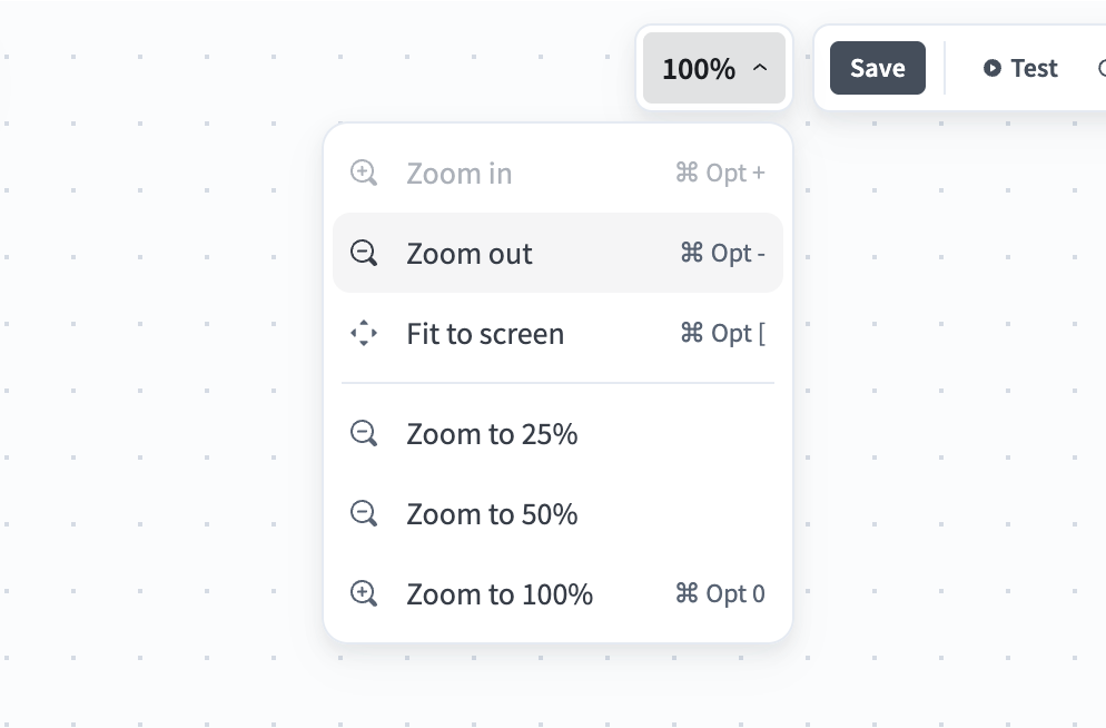 The zoom menu open in the editor controls