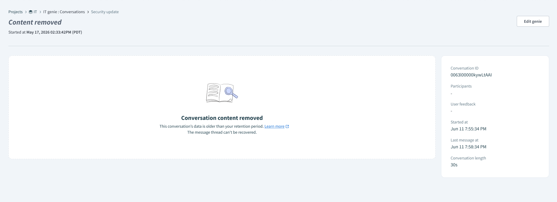 A purged conversation's detail page showing a Conversation content removed message, with the conversation ID and timestamps visible in the sidebar and participants blank.