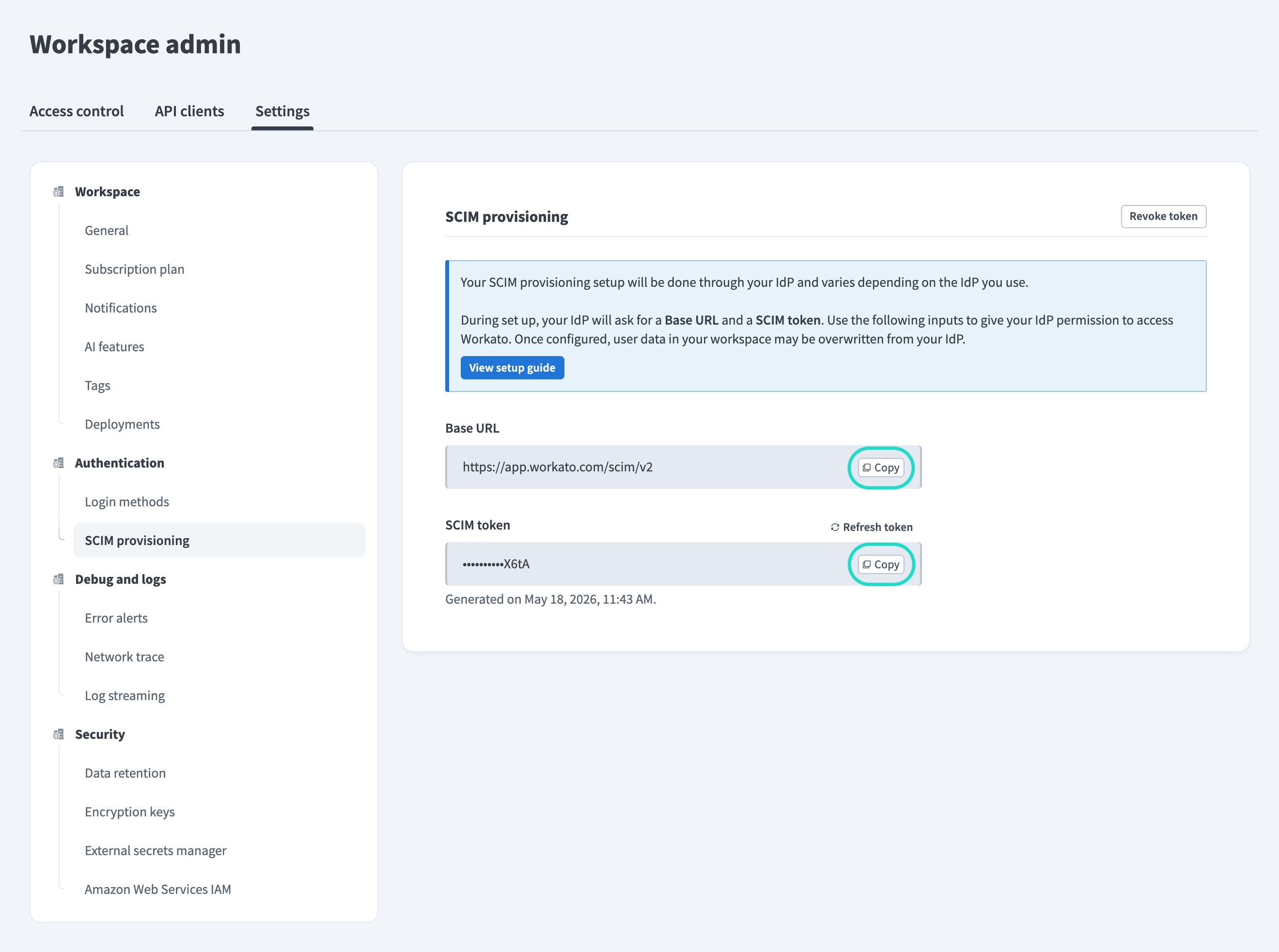 Supply Base URL and SCIM token from Workato