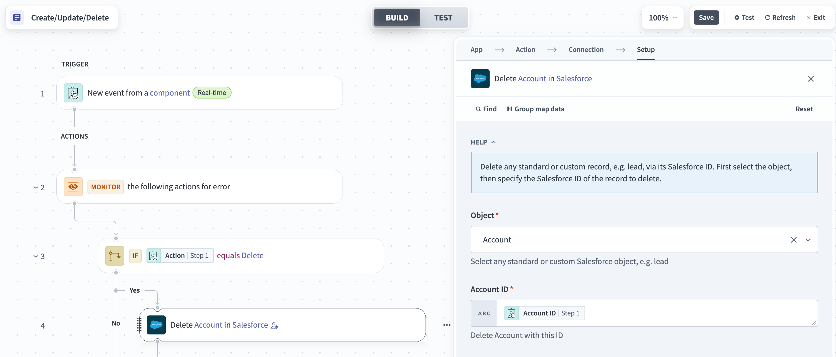 Delete account in Salesforce action