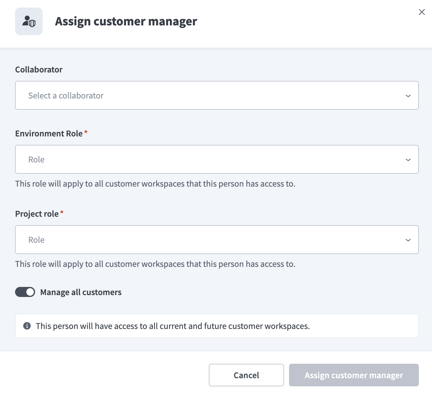 Assign roles to a customer manager