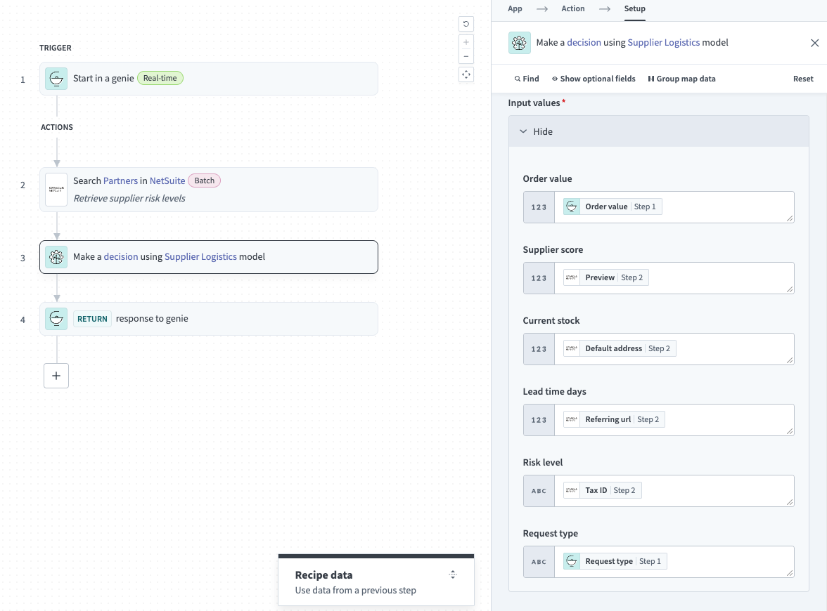 Map datapills to decision model inputs