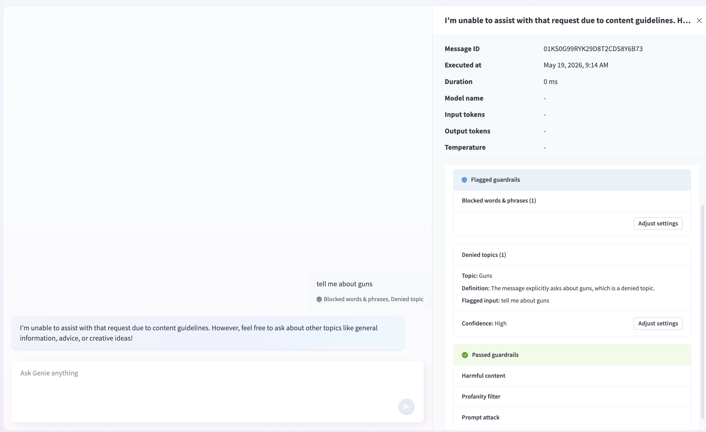 Denied topic in Test mode