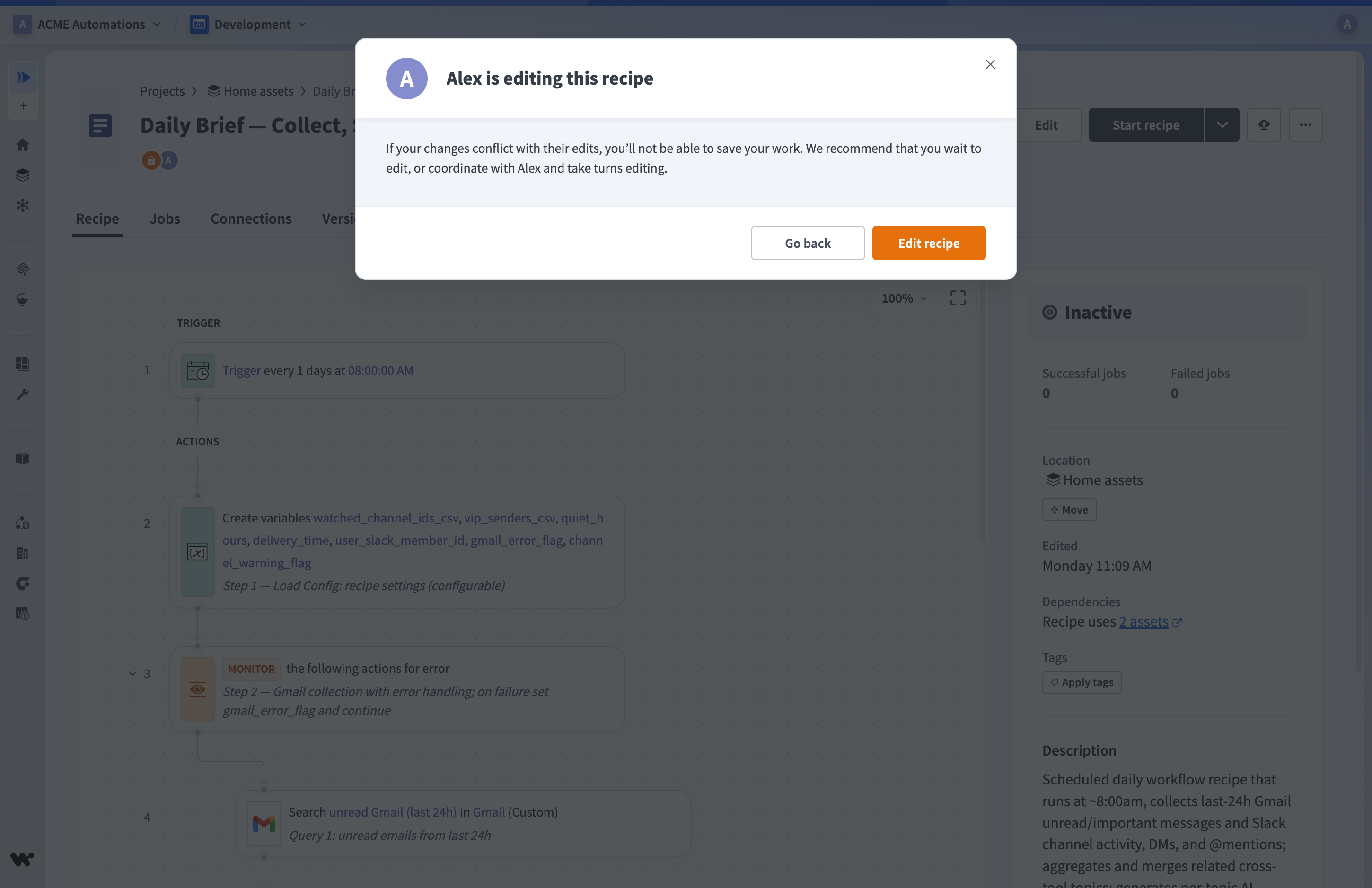 Warning that another user is editing the recipe