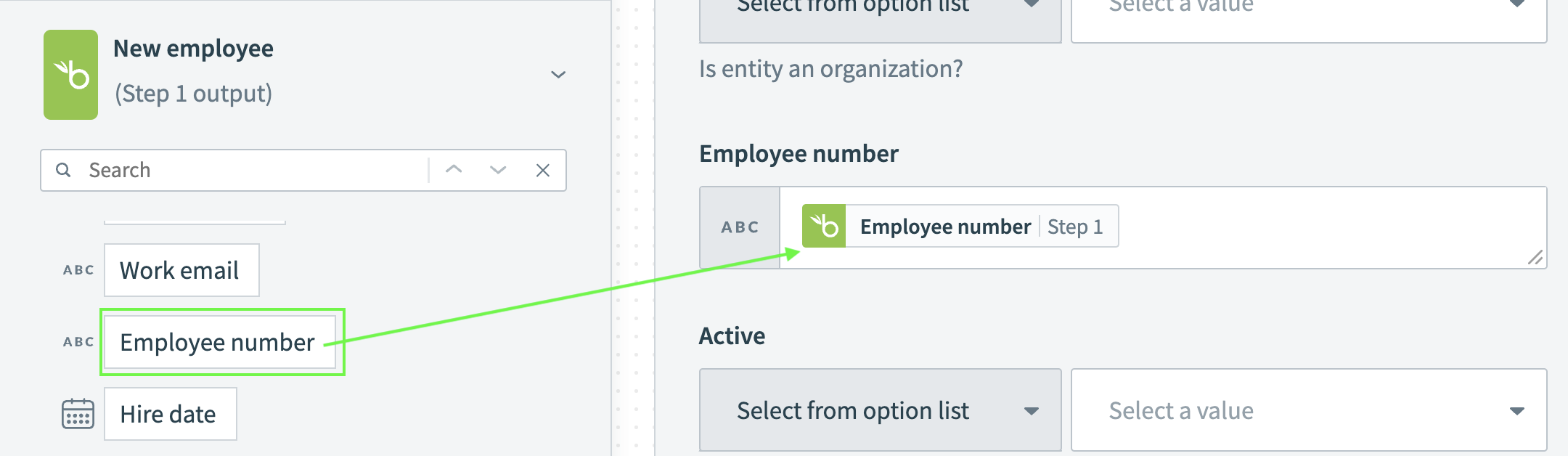 Map employee number datapill