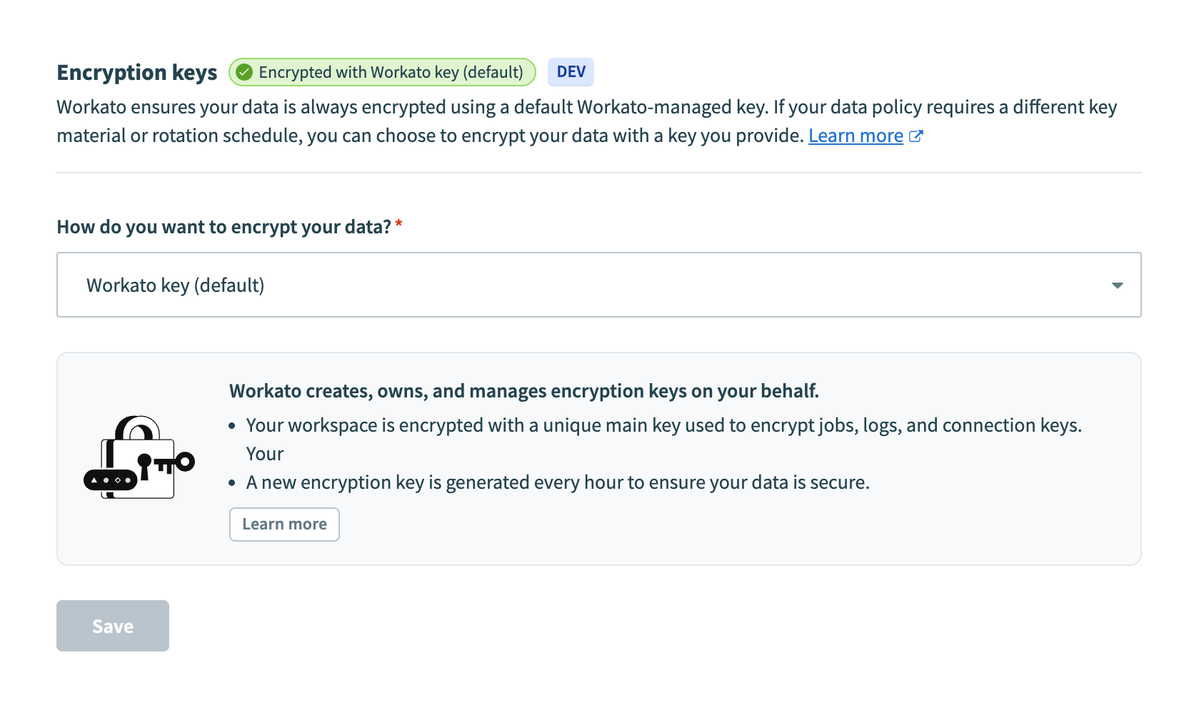 Encryption keys settings