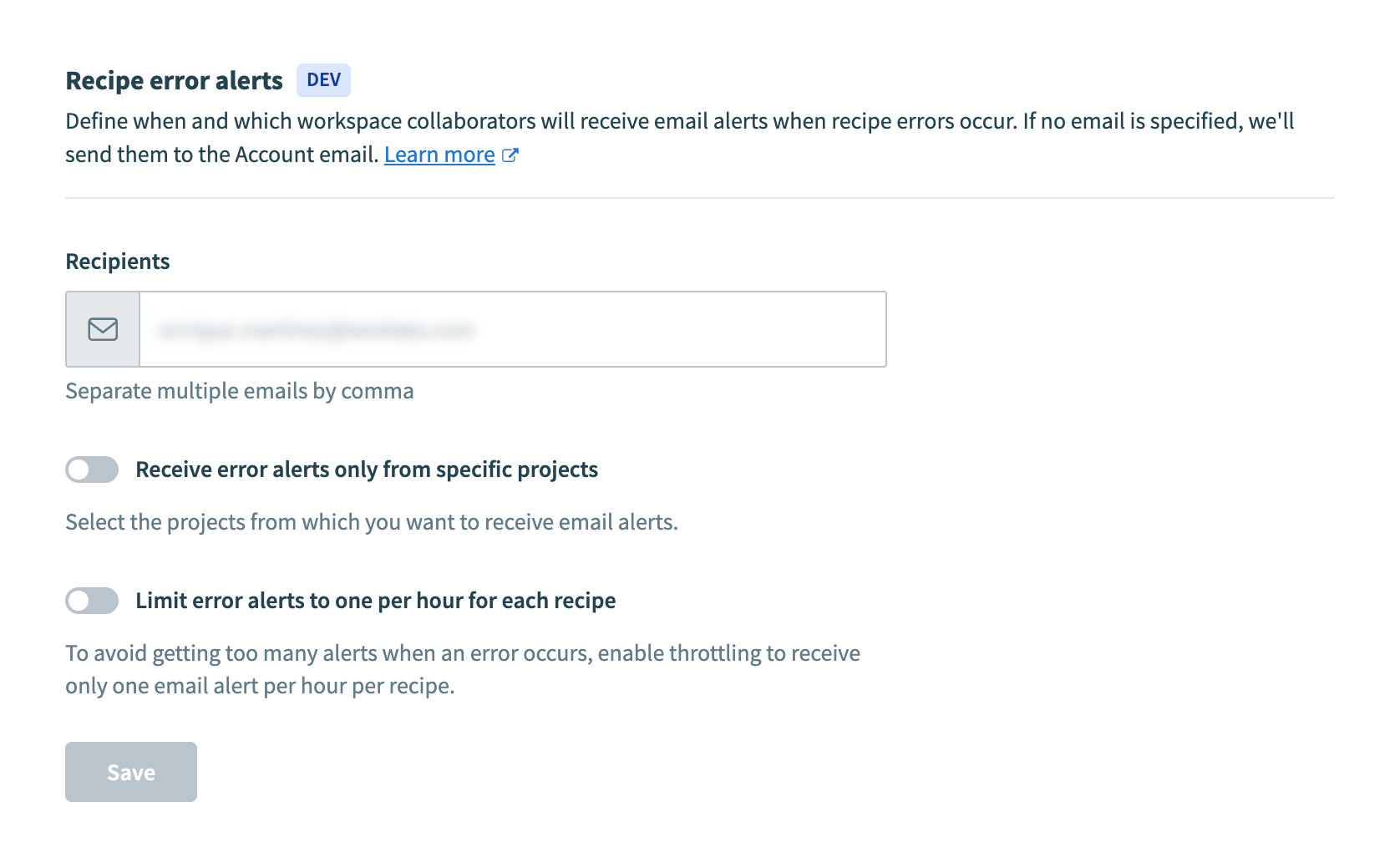 Error alerts settings