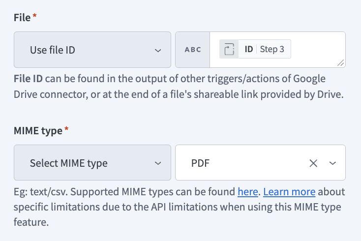 Set up the Google Drive Export file action