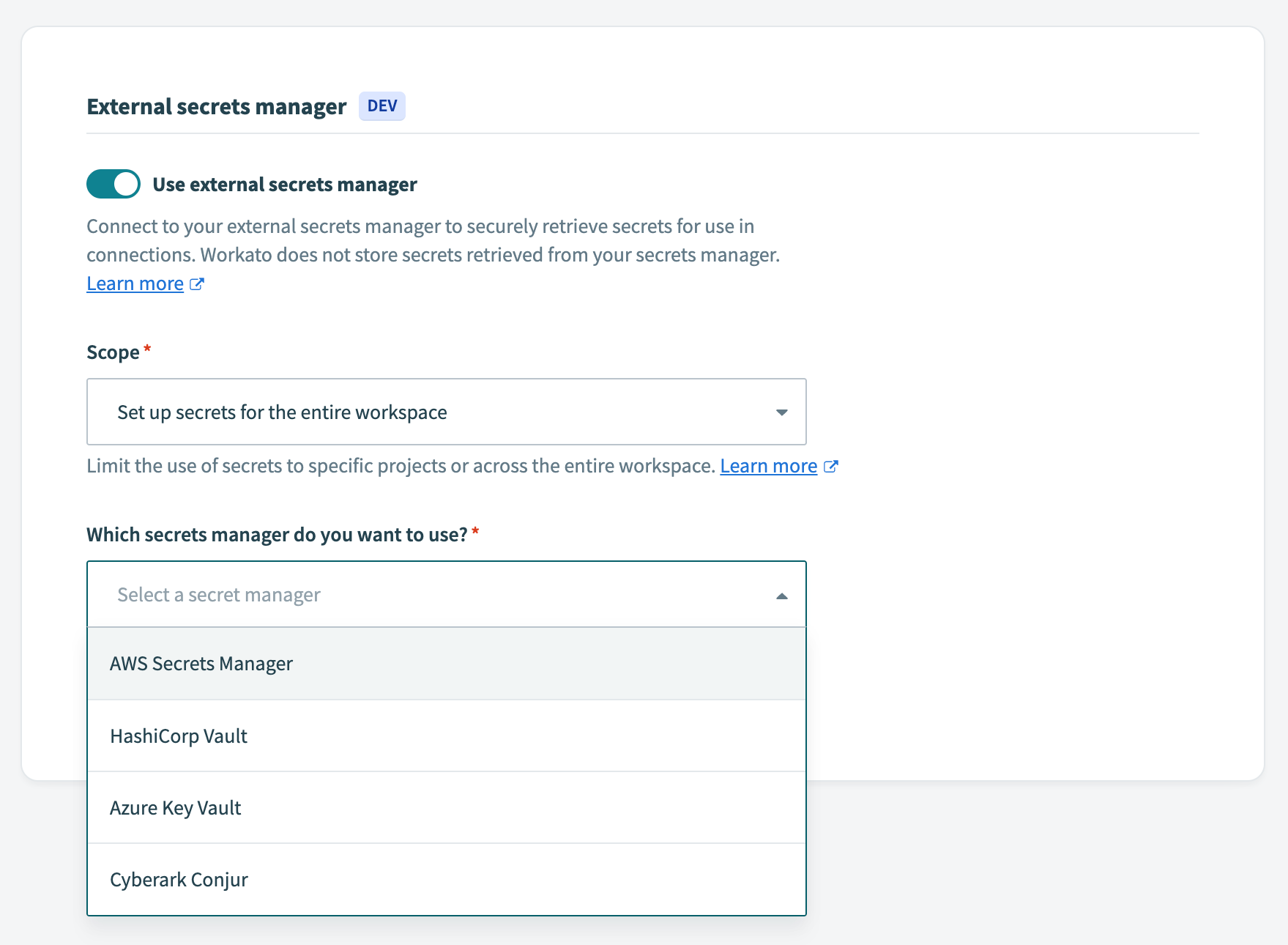 External secrets manager settings