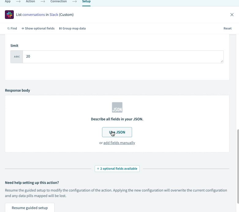 Generate output datatree in Workato with JSON response sample in API documentation