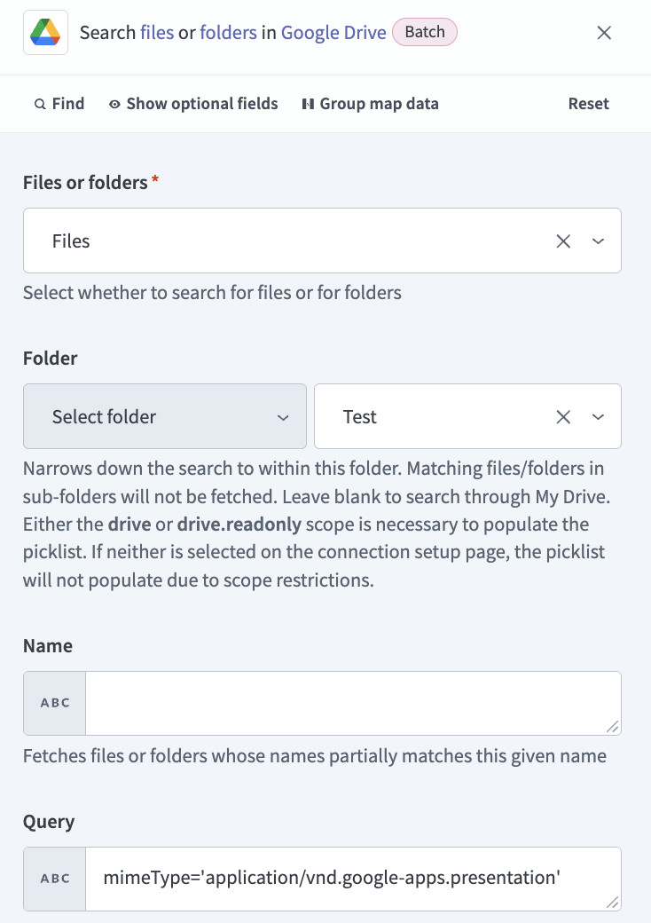 Set up the Search files or folders (Batch) action