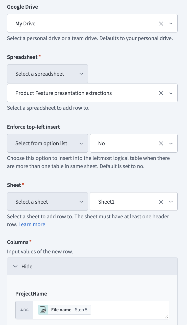 Set up the Add row action