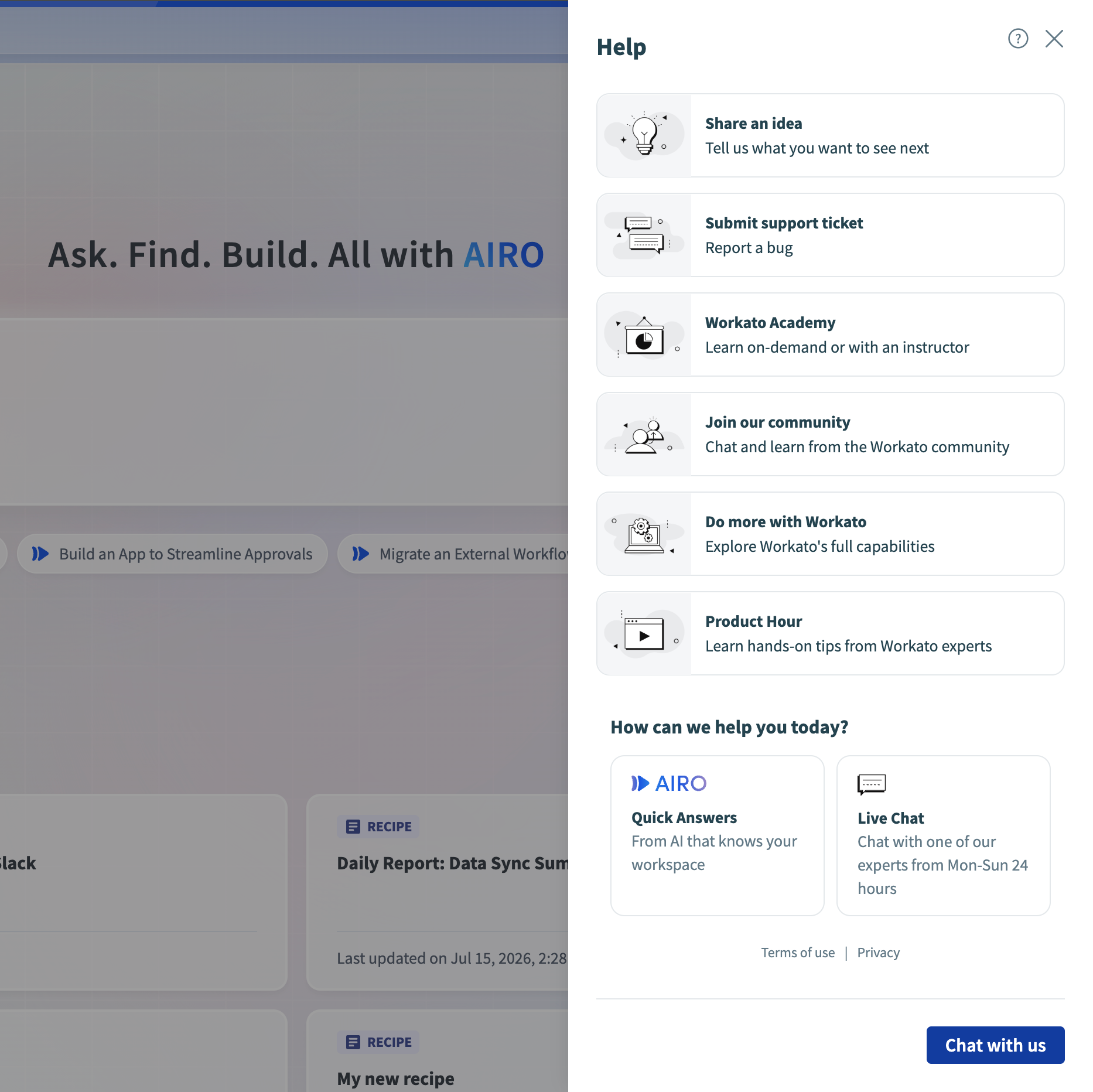 The Help panel showing help and support options