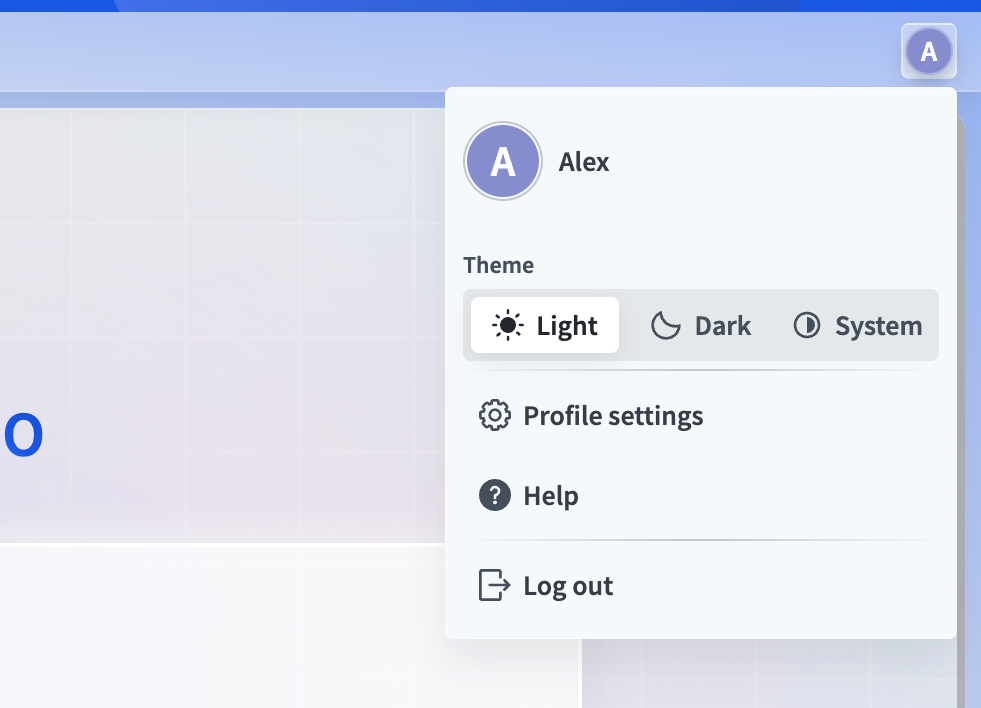 The profile icon menu with Help selected