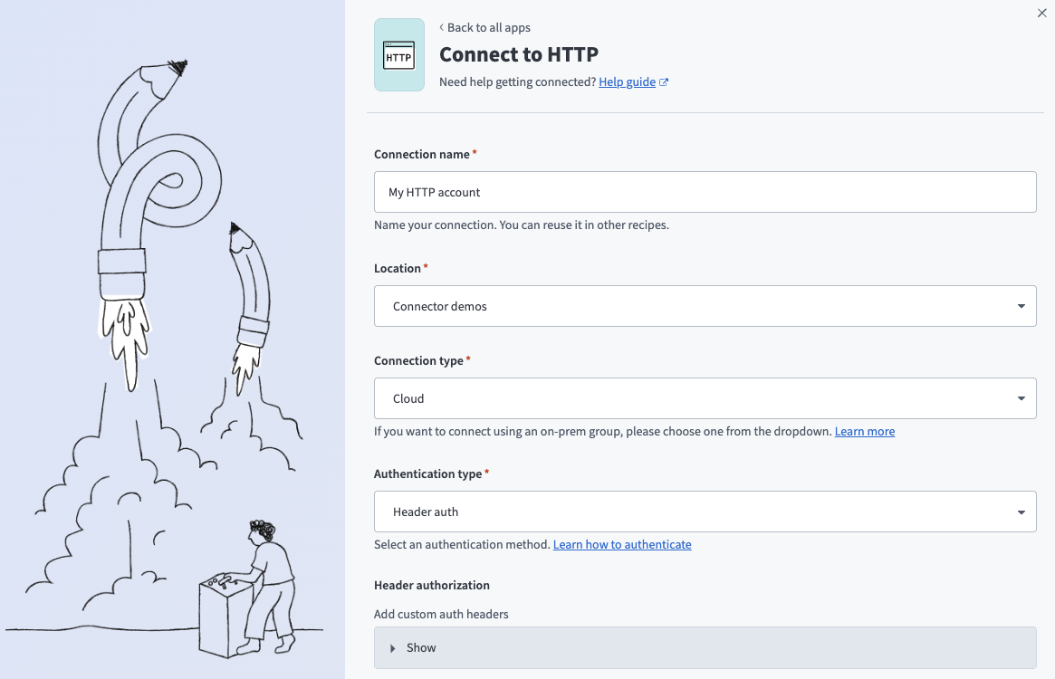 HTTP connector authentication type: Heade auth