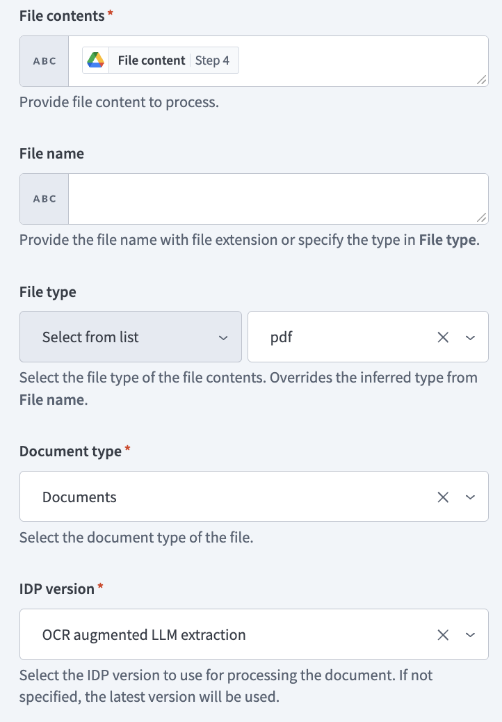 Set up the Process a document using IDP by Workato action