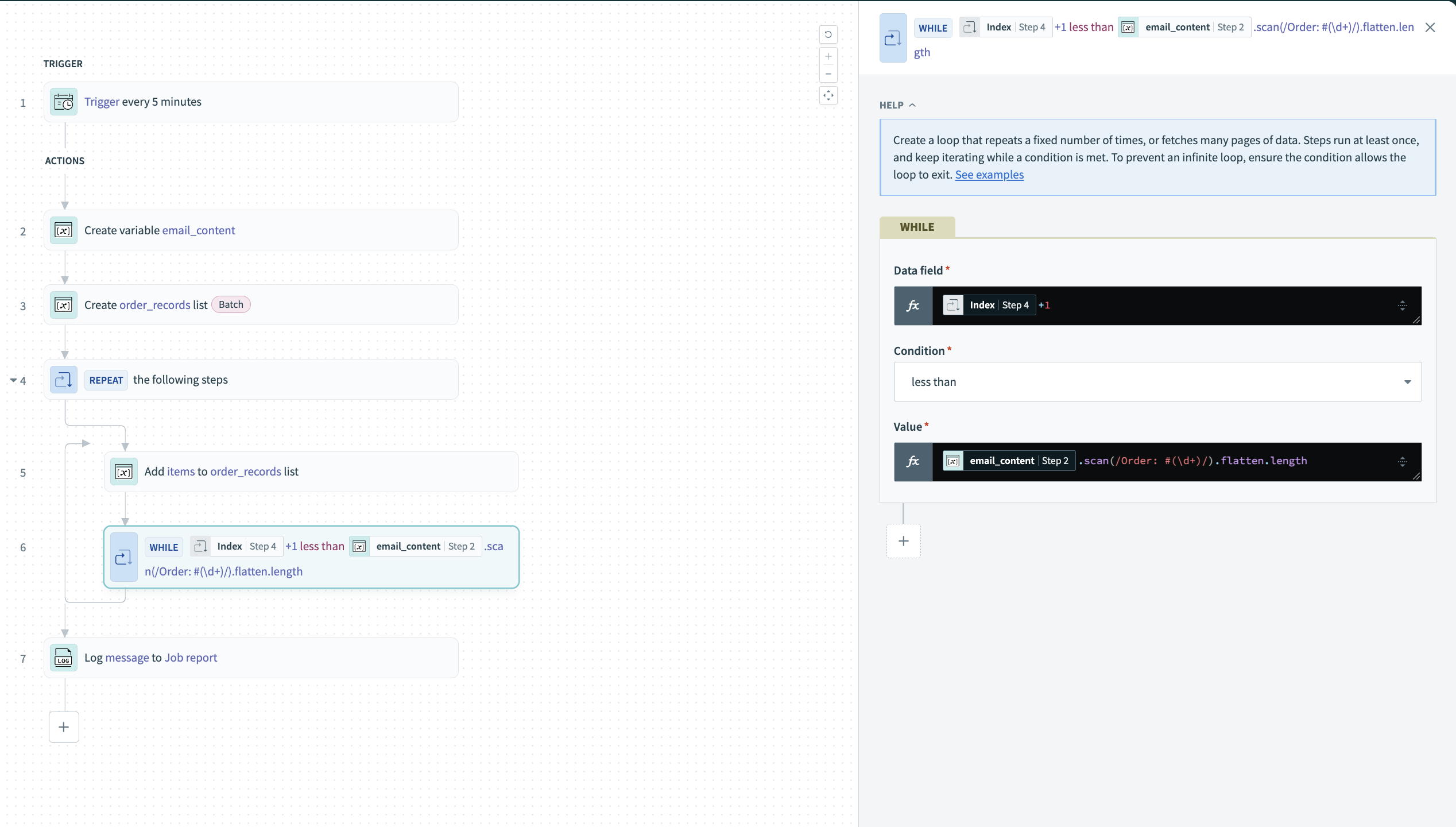 Configure WHILE condition