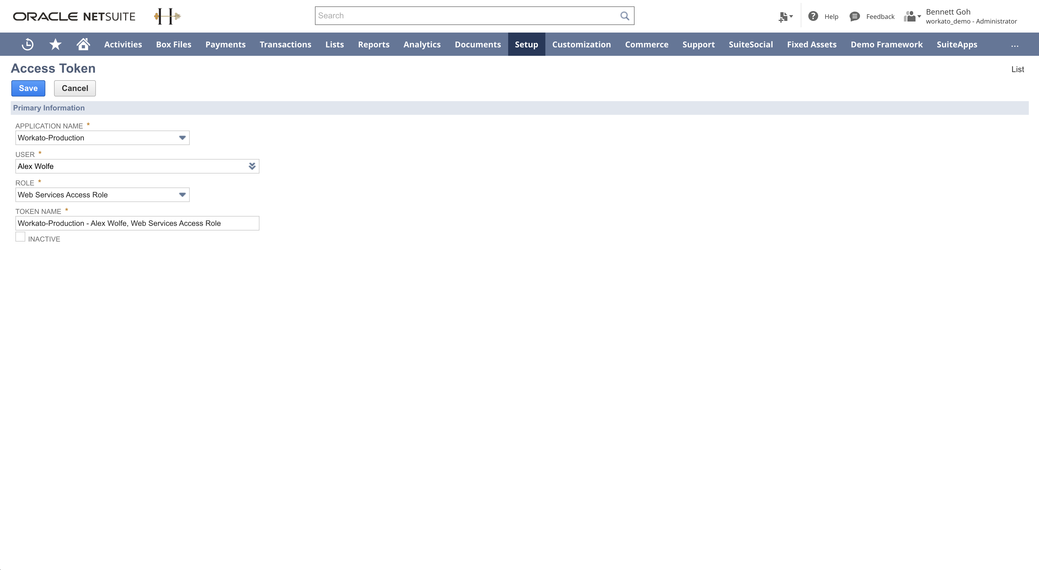 [Setup] > [Users/Roles] > [Access Tokens] > [New]