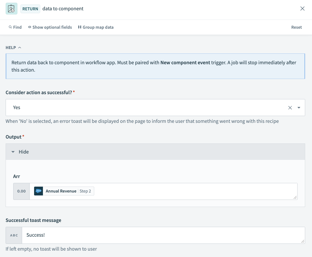 Configure a return data to component action