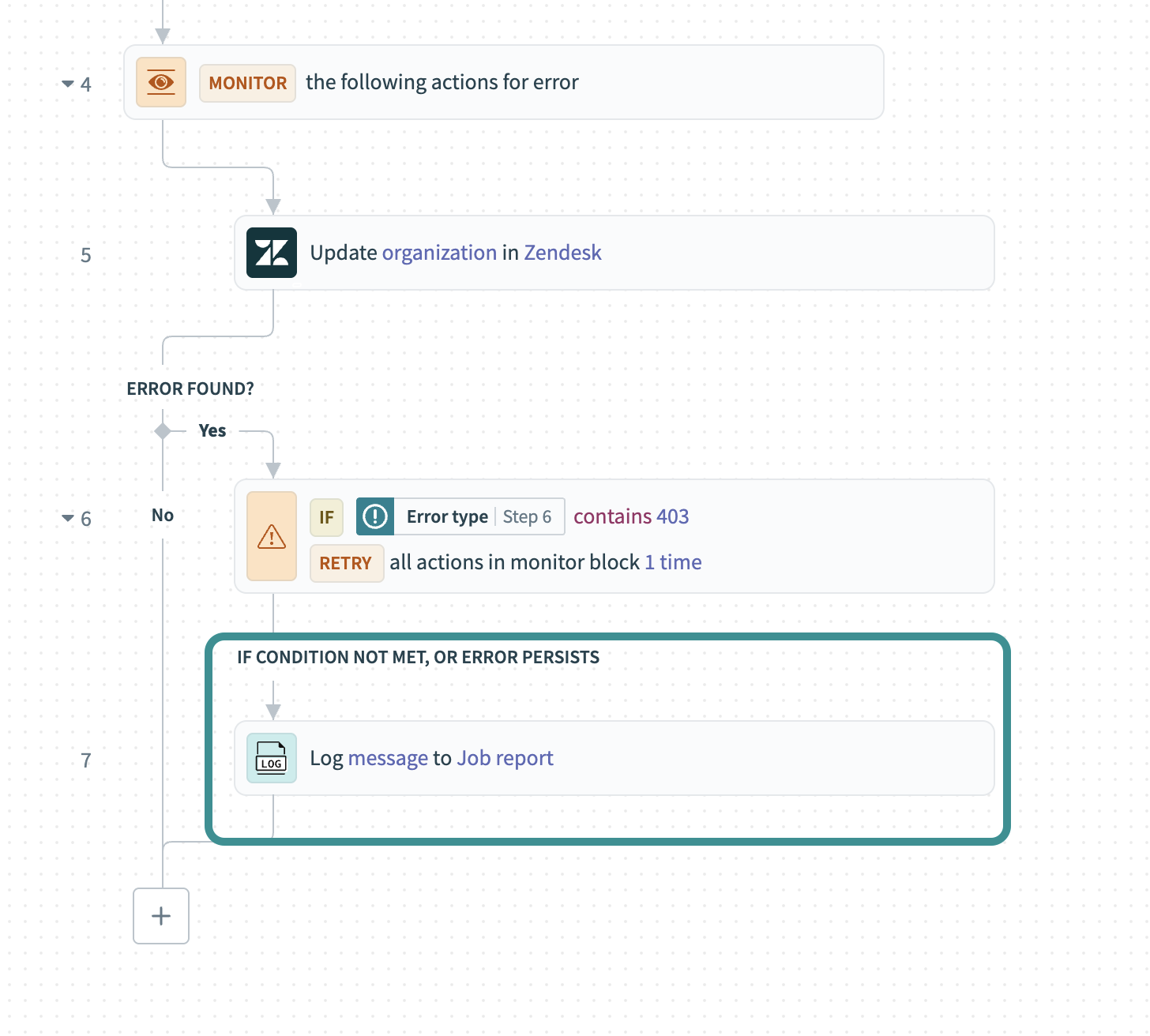 Add steps to handle errors when a monitored action fails