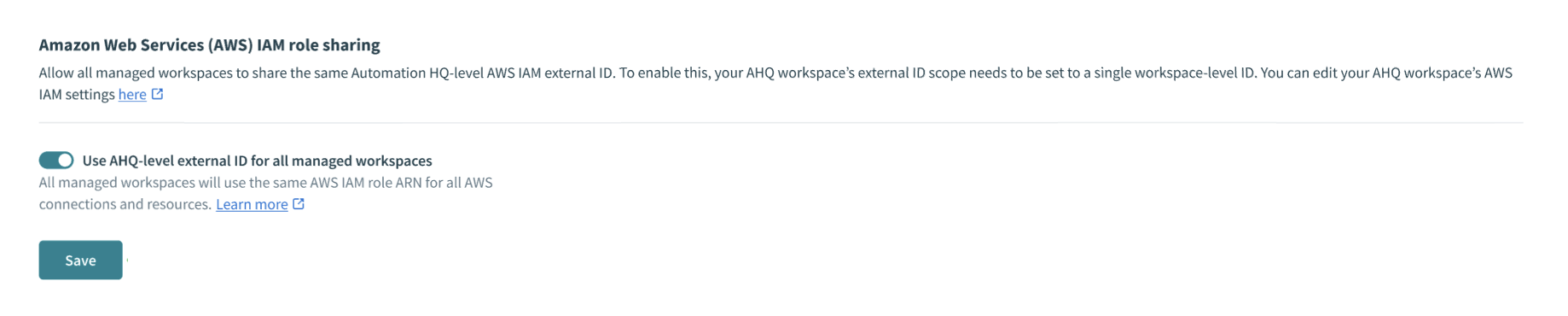 Use AHQ-level external ID for all managed workspaces