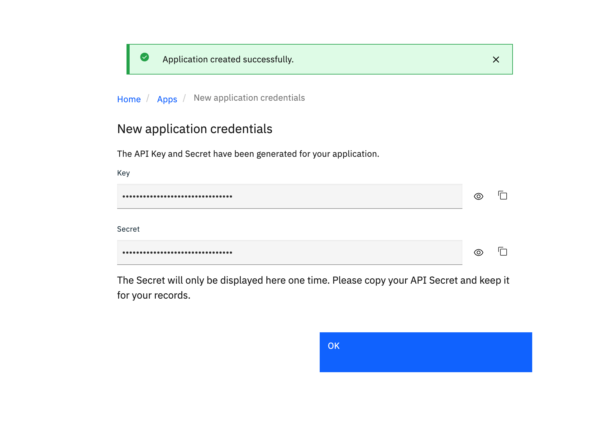アプリケーションキーまたはシークレットキーをコピー