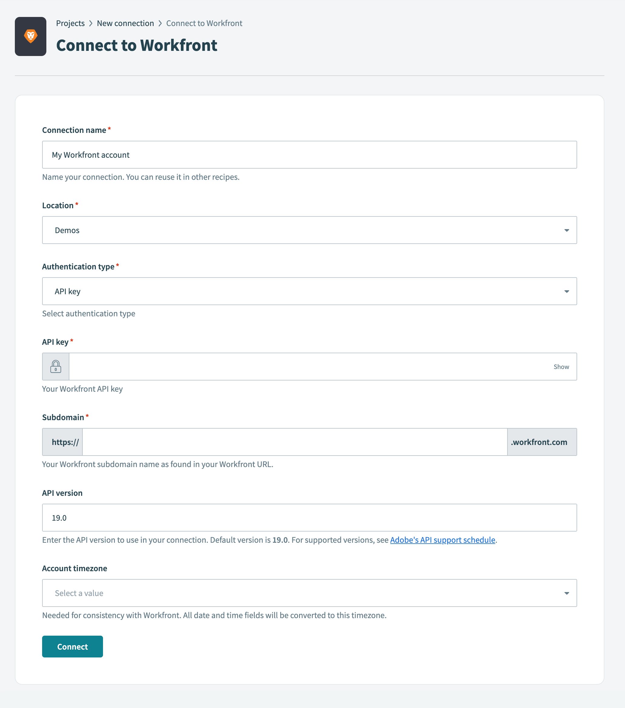 Connect to Workfront with API key