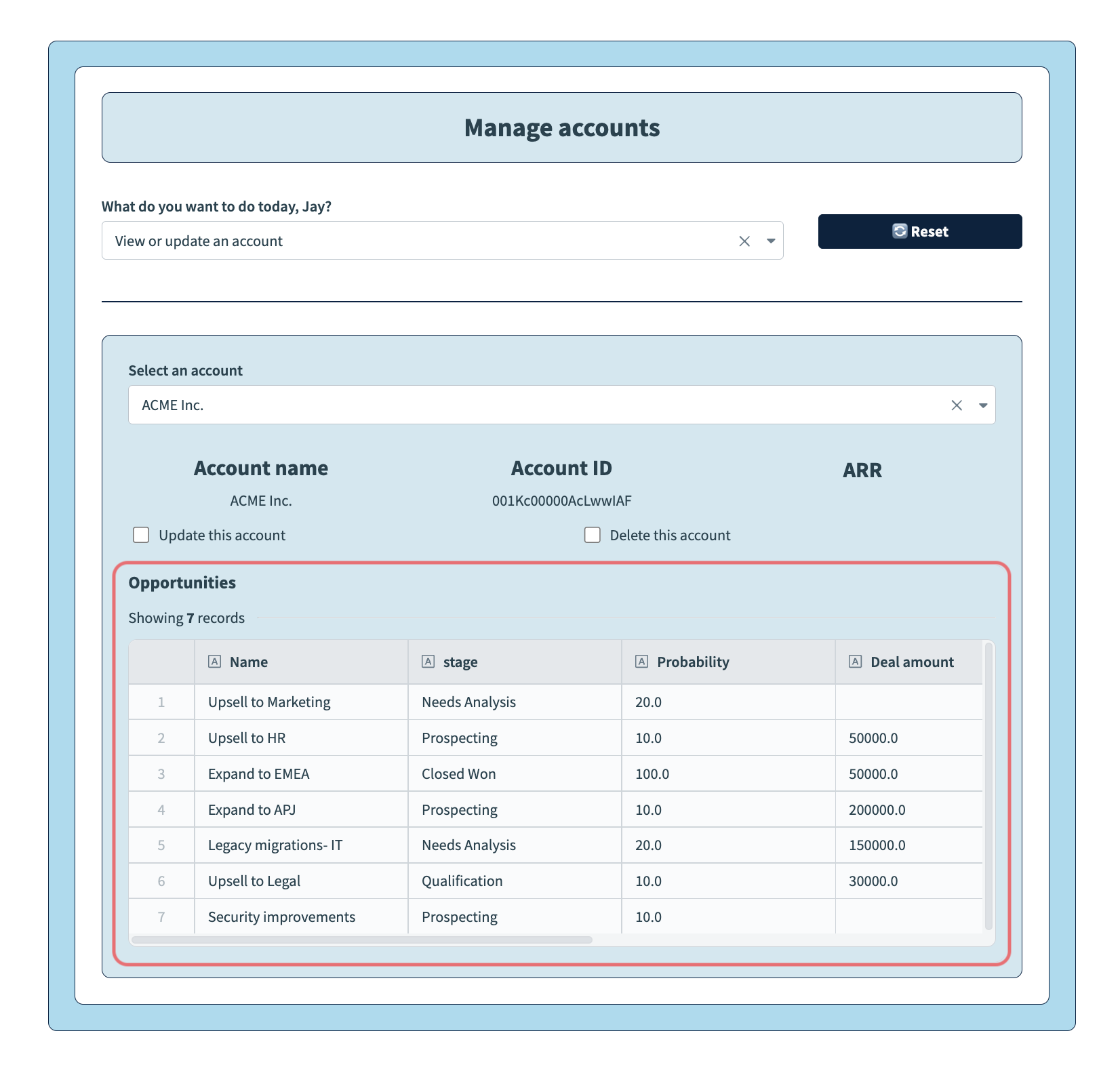 Table with recipe data source