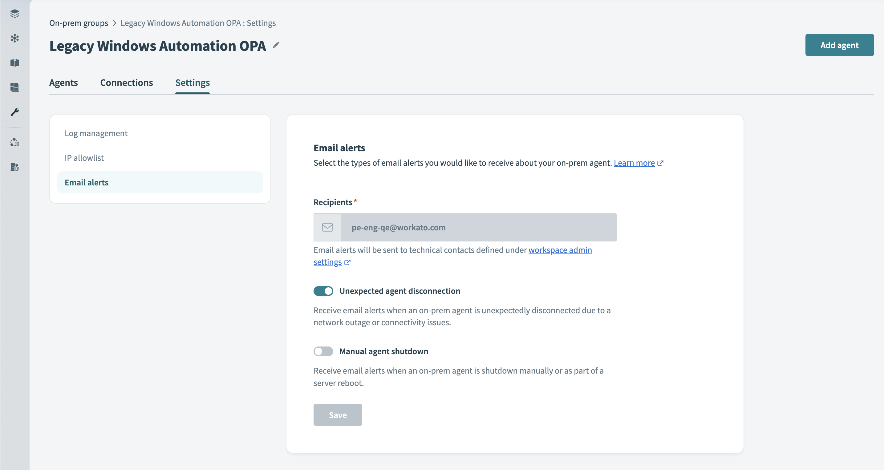 The Email alerts tab