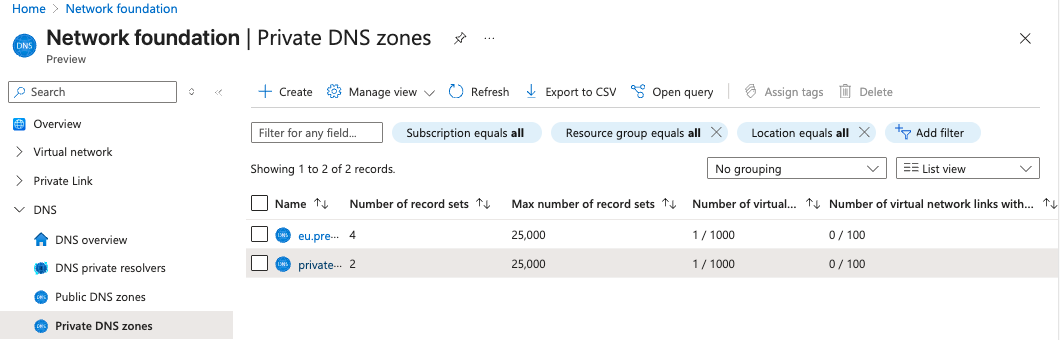 The Private DNS zones page