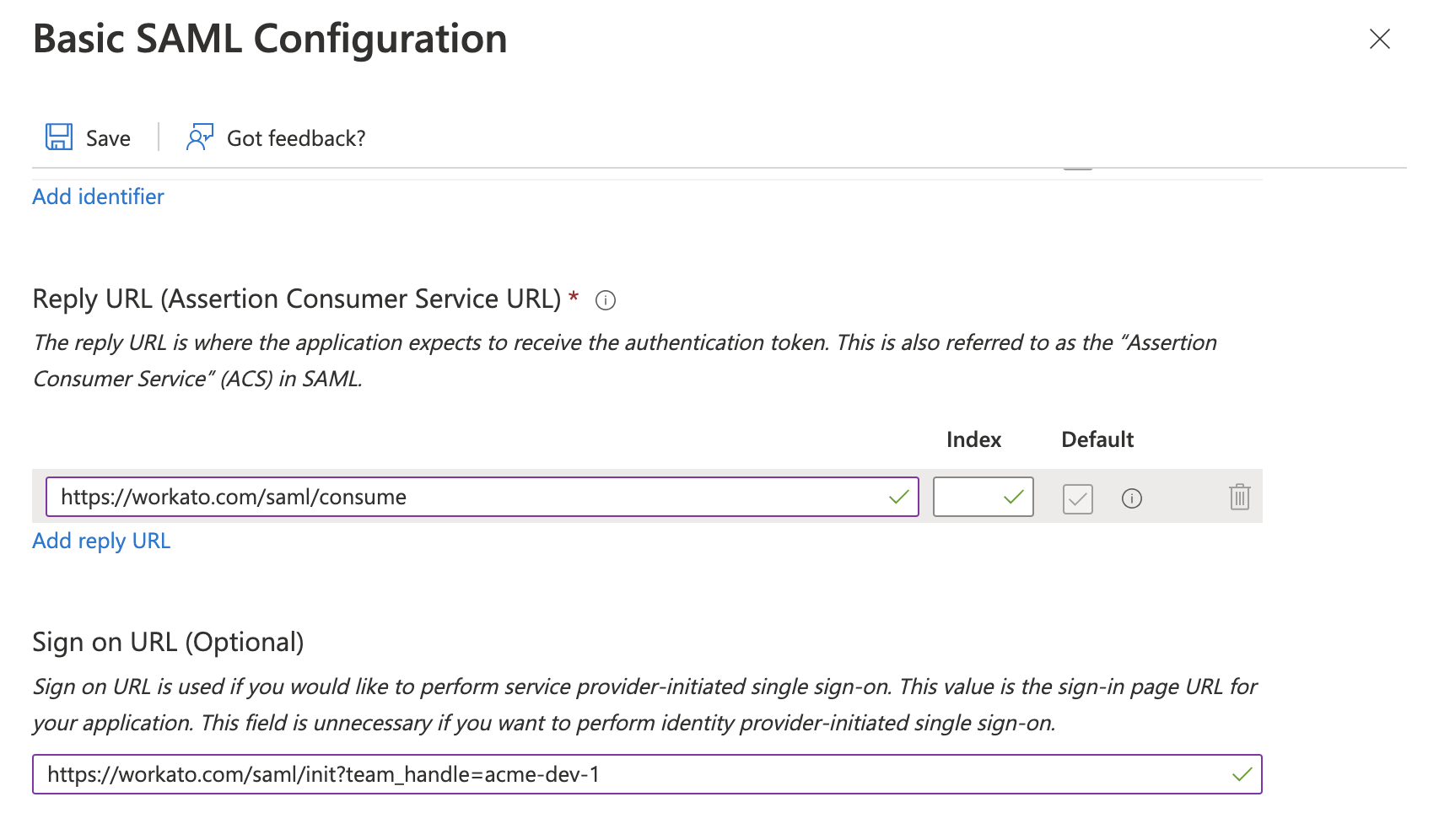 Azure SAML Configuration