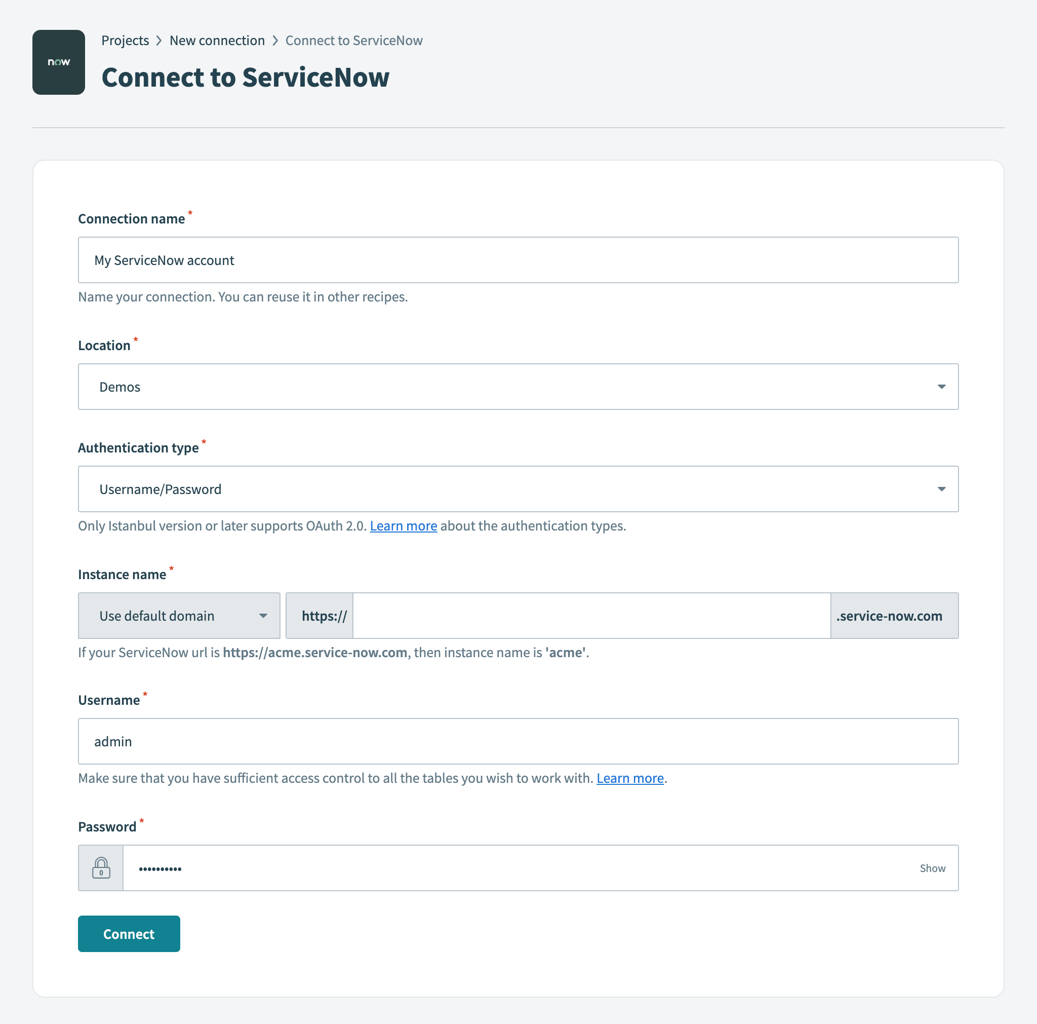 Username/Password connection