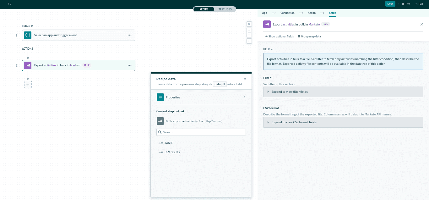 ファイルへのアクティビティの一括エクスポートアクション