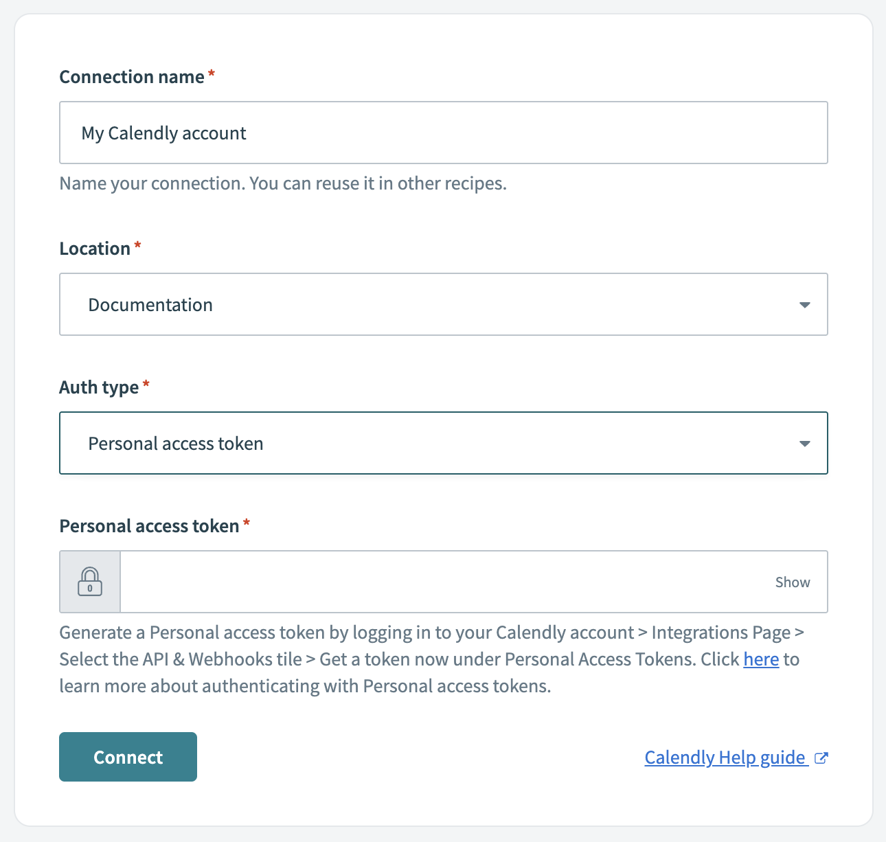 Connect to Calendly using personal access token authentication